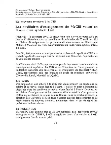 Communiqué de presse annonçant la certification de l’AÉÉDEM au sein de la CSN (1992). Archives de l’AÉÉDEM, Vol. 6.1 “AGSEM Certification.”