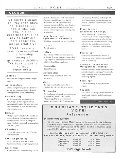 Sondage de l’AÉCSUM sur les griefs des auxiliaires d’enseignement dans divers départements à McGIll, PGSS Newsletter Vol. 8 No. 5 (mars 1992). Archives de l’AÉÉDEM, Vol. 4.1 “Posters and Communications.”
