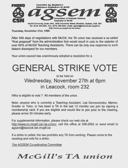 Annonce pour le vote de grève générale (novembre 1996). Archives de l’AÉÉDEM, Vol. 3.1 &ldquo;TA strike correspondence and flyers.&rdquo; AGSEM Archives, Vol. 4.1 &ldquo;Posters and Communications.&rdquo;