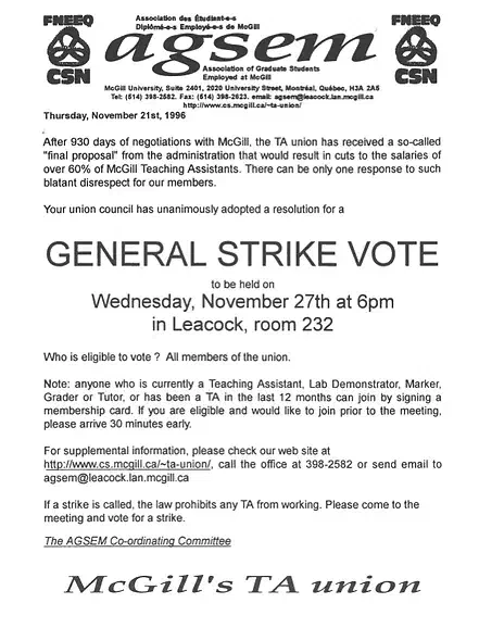 Annonce pour le vote de grève générale (novembre 1996). Archives de l’AÉÉDEM, Vol. 3.1 “TA strike correspondence and flyers.” AGSEM Archives, Vol. 4.1 “Posters and Communications.”