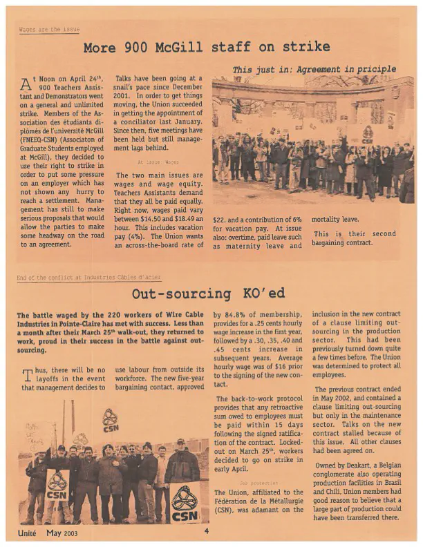 “More [than] 900 McGill staff on strike,” Unité Digest (mai 2003). Archives de l’AÉÉDEM, Vol. 4.1 “2003 Strike in the Press.”