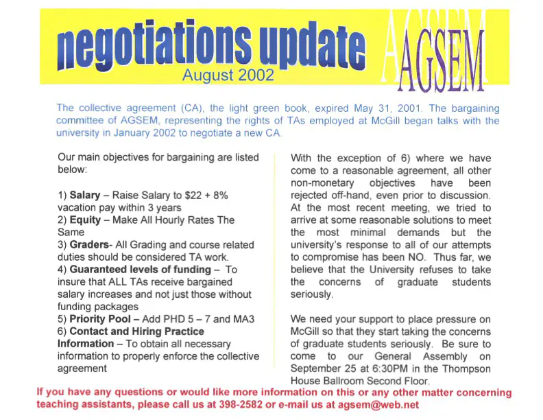 “Negotiations Update,” AGSEM Newsletter (août 2002). Archives de l’AÉÉDEM, Vol. 4.1 “‘Miscellaneous Flyers and Booklets.”