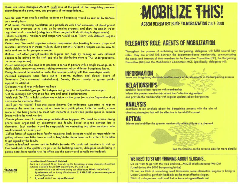 “Mobilize This! AGSEM Delegates’ Guide to Mobilization 2007-2008.” Archives de l’AÉÉDEM, Vol. 3.1 “Your Child’s TA Is On Strike.”