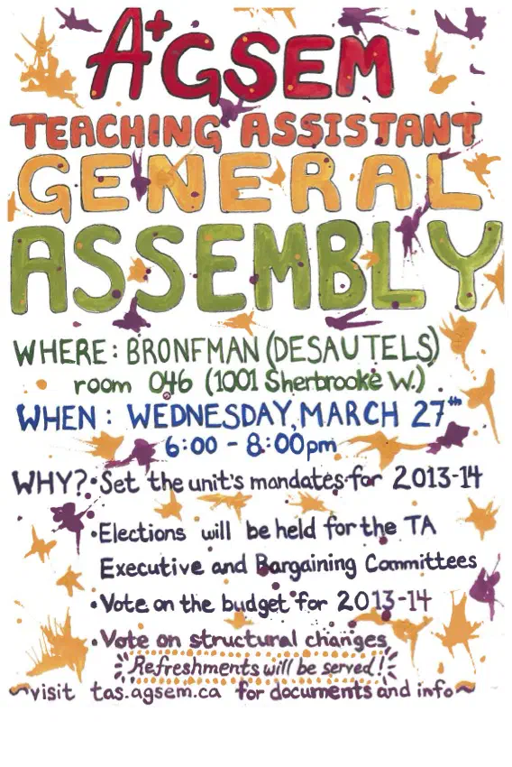 Affiche pour une Assemblée générale (2013). Archives de l’AÉÉDEM, Vol. 4.1 “TA GA Poster.”