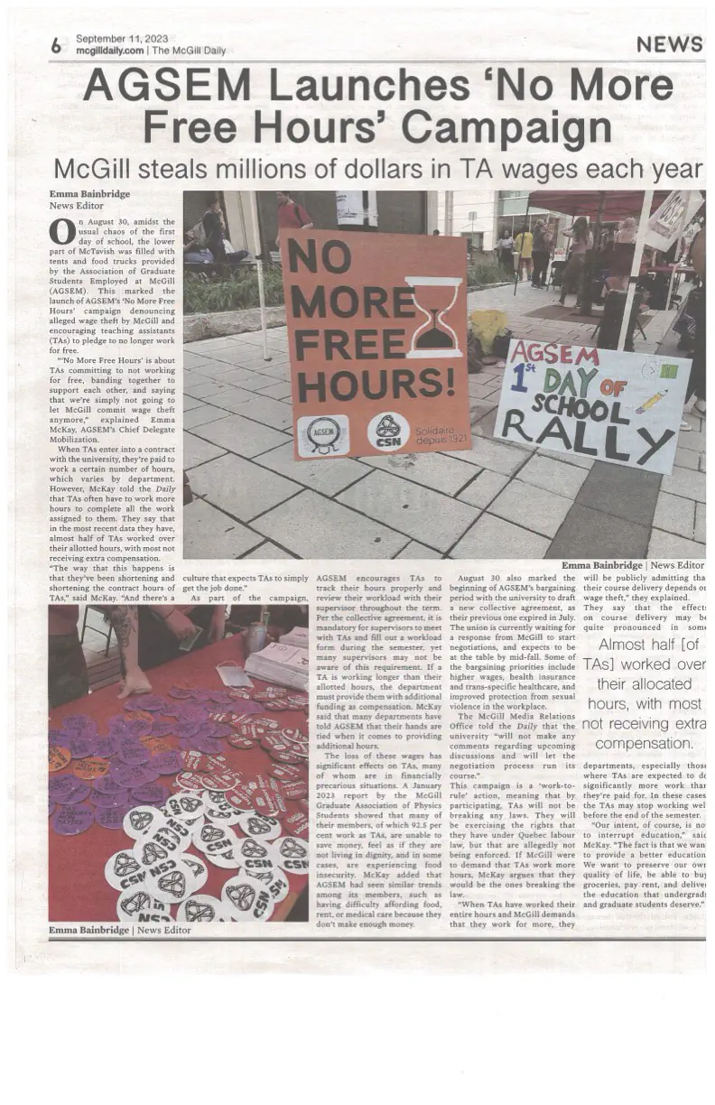 “AGSEM Launches ‘No More Free Hours’ Campaign,” The McGill Daily (11 septembre 2023), 6.