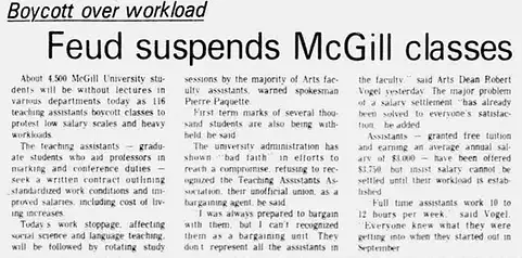 “Boycott over Workload. Feud suspends McGill classes.” Montreal Gazette (February 4, 1976), 3.