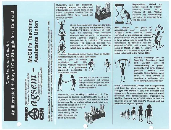 “David versus Goliath: An Illustrated History of Our Struggle for a Contract,” dépliant de l’AÉÉDEM (1997). Archives de l’AÉÉDEM, Vol. 3.1 “1997 Bargaining Documents.”