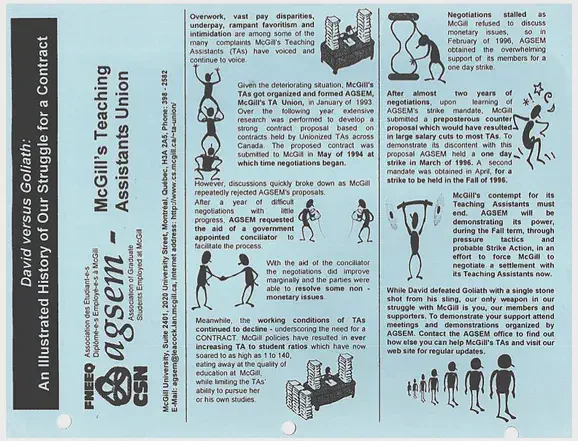 “David versus Goliath: An Illustrated History of Our Struggle for a Contract,” dépliant de l’AÉÉDEM (1997). Archives de l’AÉÉDEM, Vol. 3.1 &ldquo;1997 Bargaining Documents.&rdquo;