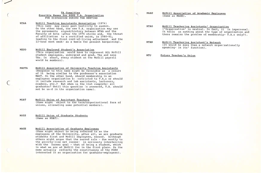 Liste de noms potentiels pour une nouvelle organisation d’auxiliaires d’enseignement. Archives de l’AÉÉDEM, Vol. 5.2 “Early MTAA Files.”
