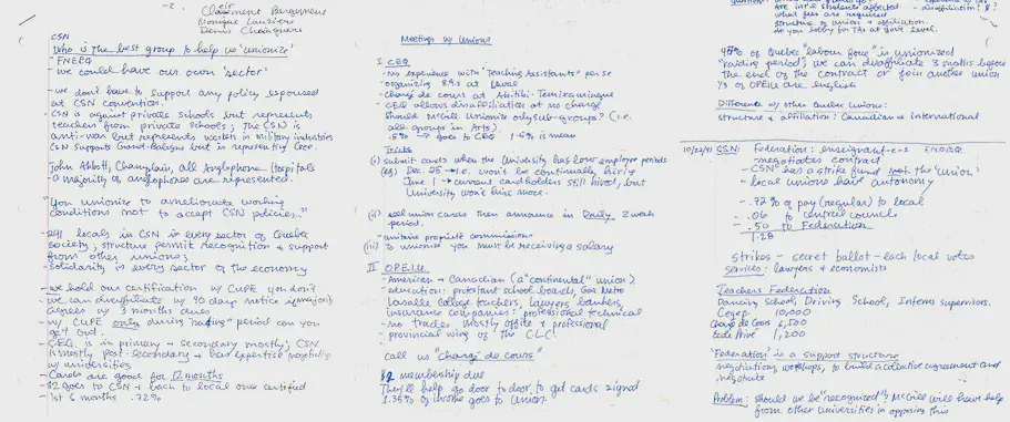 Lettre écrit à main d’un organisateur de l’AÉÉDEM après des rencontres avec plusieurs syndicats, CEQ, OPEIU, CSN (1991). Archives de l’AÉÉDEM, Vol. 4.1 &ldquo;Affiliation to CSN.&rdquo;