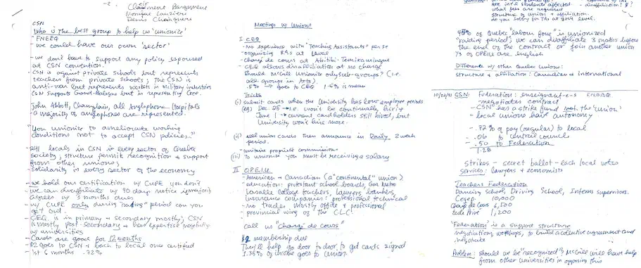 Lettre écrit à main d’un organisateur de l’AÉÉDEM après des rencontres avec plusieurs syndicats, CEQ, OPEIU, CSN (1991). Archives de l’AÉÉDEM, Vol. 4.1 “Affiliation to CSN.”